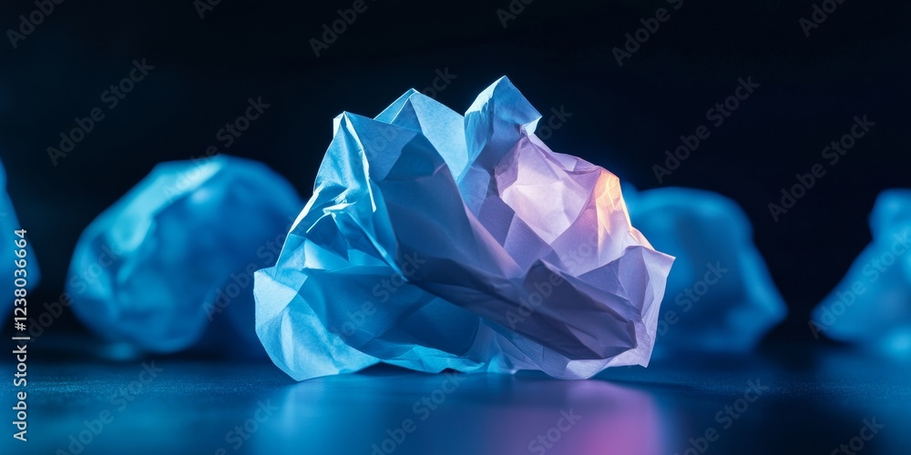 Aufkleber Geometric Workspace Decor Crumpled Blue Paper with Glowing Element - Innovation Strategy and Creative Problem Solving for Educational Content and Business Workshops