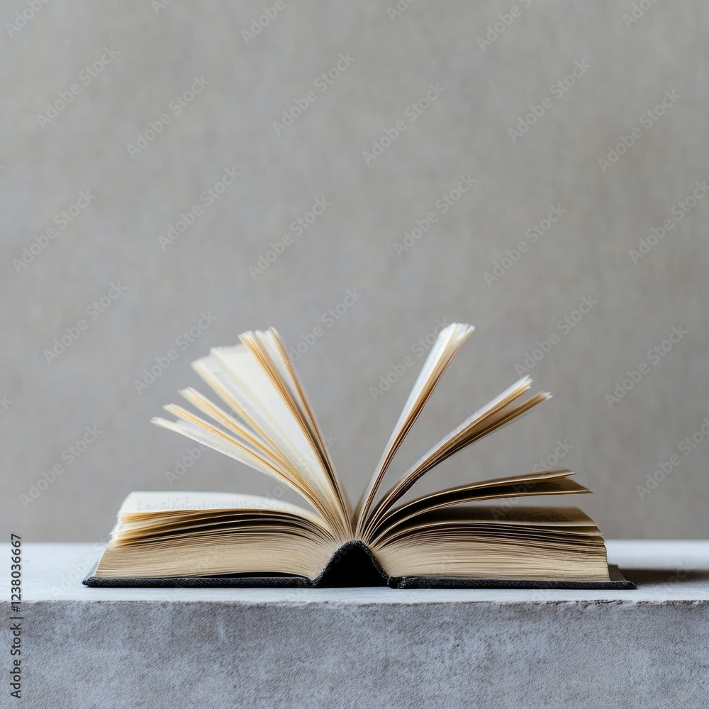 Aufkleber minimalist open textbook on raw concrete surface embracing natural paper texture for innovative educ