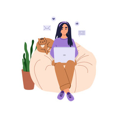 Woman works at laptop on a chair bag. Freelancer or student studying or working online at notebook. Flat vector illustration isolated on white background