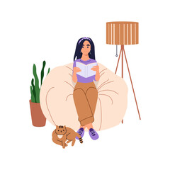 Female reader enjoying literature. Woman reading a book on a bean bag chair under a lamp. Vector illustration on white background