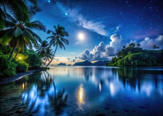 Polynesian paradise under a celestial blanket; Huahine's night unfolds in moonlit beauty.