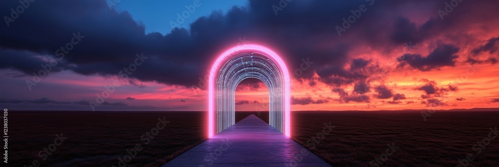 Poster neon arc pathway in digital sunset illuminated glass tunnel over grassy terrain - cutting-edge tech 
