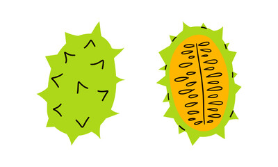 Kiwano fruits, cucumis metulifer, horned melon. Vector hand drawn, colored illustration doodle flat ahand drawn illustration , tropical fruit , healthy vitamins diet .