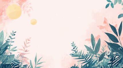 Abstract Tropical Background with Sun, Leaves and Butterflies