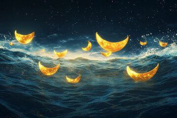 Obraz na płótnie Canvas Floating golden moons illuminate the serene underwater landscape during twilight hours