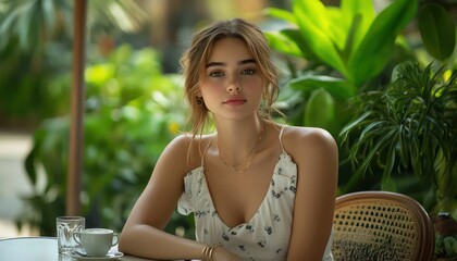 A radiant young woman sitting at a caf?(C) table outdoors with vibrant green plants in the background