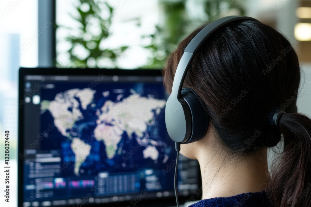 Aufkleber modern virtual team dynamics tech-inspired collaboration in a seoul office with headphones and digit