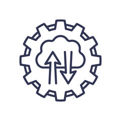 Gear and cloud with arrows symbolize cloud-based mechanics and virtualization.