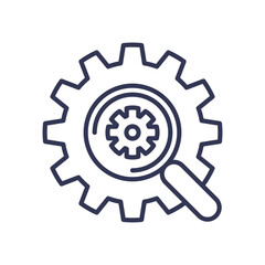 Magnifying glass over gears symbolizes monitoring and optimization in observability and performance.