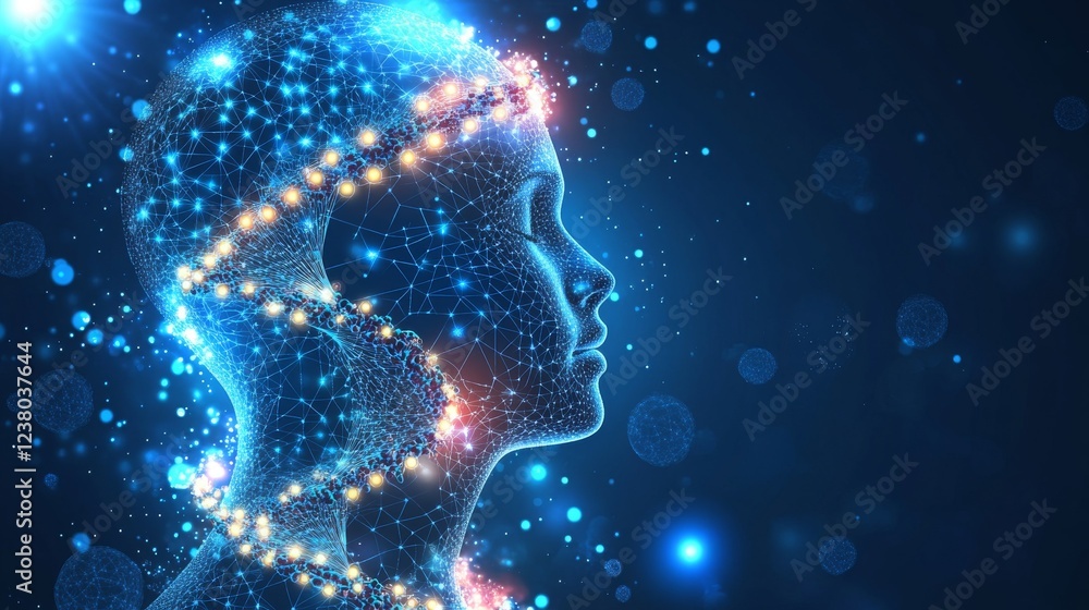 Poster futuristic science background with abstract molecular structure, dna helix, and neuron network conne