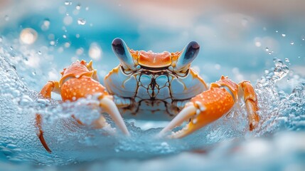 A lively orange crab scuttles through shimmering blue water, creating ripples