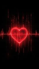Glowing Red Heart Rate Line On Black Grid Background, Symbolizing Love And Healthcare