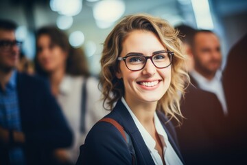 Fototapeta premium Portrait of a smiling businesswoman wearing eyeglasses, with her colleagues standing behind her in a blurred background