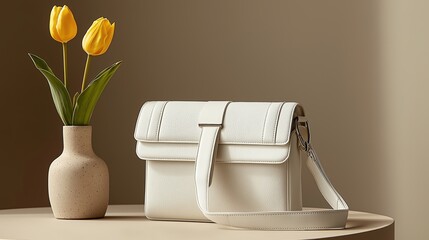 Elegant white leather handbag next to yellow tulip flowers in a modern vase