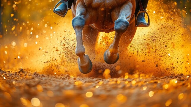 A horse thunders forward, stirring golden particles in the warm sunset light - Powered by Adobe
