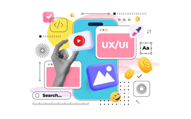 Contemporary art collage. Modern collage concept of web design and development. Creative concept for web banner, social media banner, business presentation, marketing material. Vector illustration