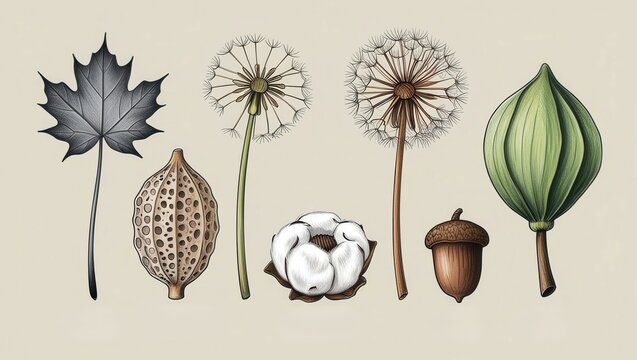 Autumn Botanical Illustration Dandelions Maple Leaf Cotton Acorn Seed Pod