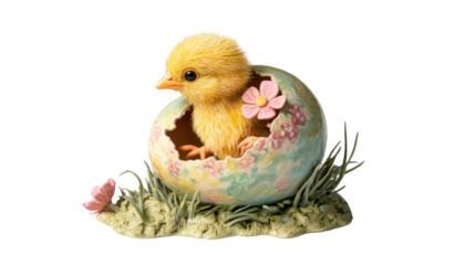 Cute baby chick hatching from decorated easter egg on transparent background