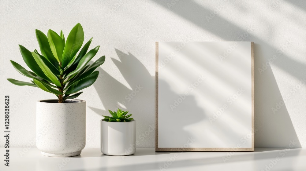 Poster modern minimalist desk white workspace with laptop and succulent - remote work efficiency and digita