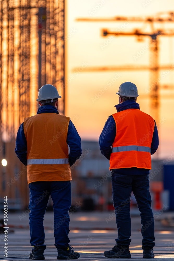 Poster digital integration in construction high-vis jackets and hard hats at sunset - enhancing workplace s