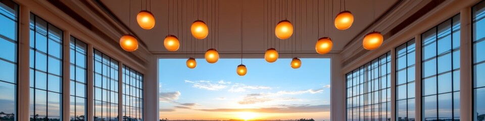 Luminous Contemporary Conference Hall Glass-Enclosed Space with Pendant Lighting for Global Business Events Elevate Corporate Atmospheres with Modern Materials and Professional Appeal