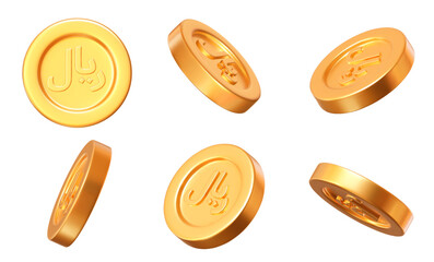 3d set of golden Saudi riyal coin with different angles. Stock vector illustration on isolated background.	