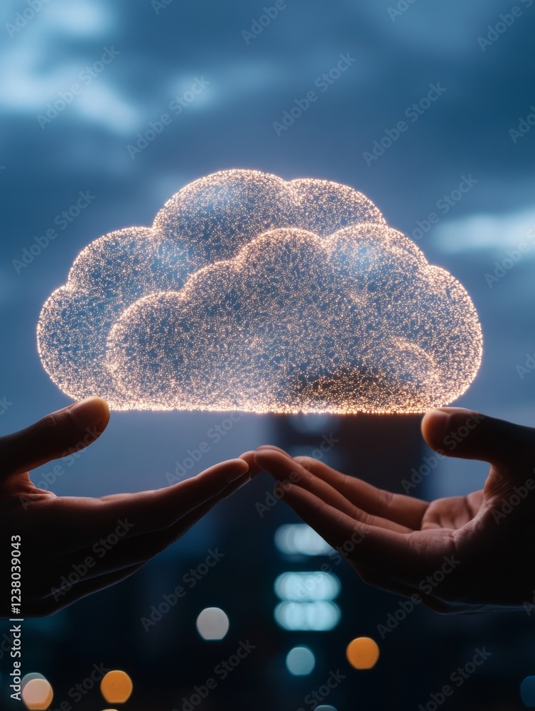 Poster Futuristic Cloud Network Visualization Ethereal Node Structure in Office Setting for Enhanced Digital Connectivity and Business Strategy in Modern Professional Spaces