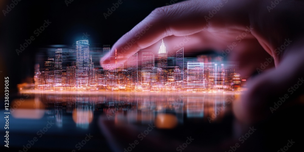Poster futuristic tech interface holographic cityscape on glass desk - digital network hub in innovative bu