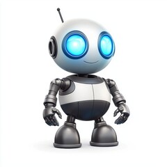 friendly robot with a round body and blue glowing eyes, isolated on a clean white background