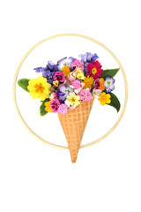 Abstract ice cream cone with flowers for Spring Beltane season festive celebration on white background with wooden frame. Logo, greeting card.