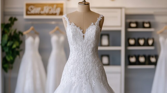 Drop waist wedding dress with intricate pearl embroidery and a tulle flared skirt displayed in a softly lit bridal boutique