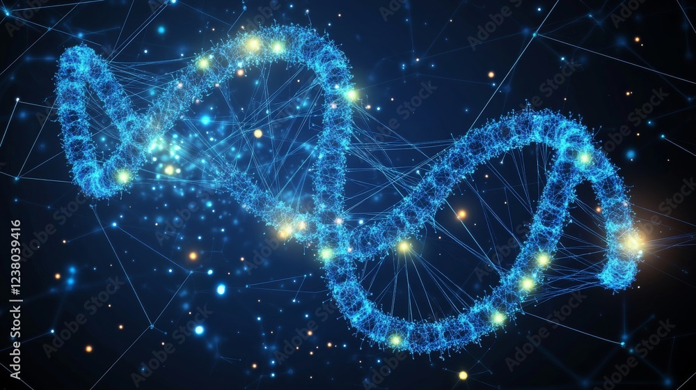 Poster abstract science concept with connected molecules, dna structures, atoms, and neurons representing m