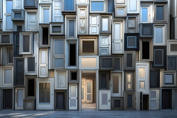 Unique house structure featuring numerous doors leading into an unseen void in a highly detailed setting