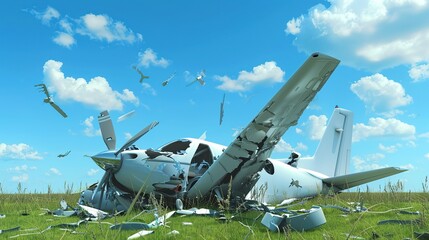 Naklejka premium Crashed drone lying in grassy field with broken propellers and scattered debris under clear blue sky. Drone accident aftermath, technology failure, and aerial device damage concept.