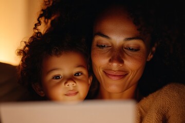 Warm Minimalist Family Reading Scene Mother and Child on Cozy Couch with Cushions and Ambient Light - Educational Engagement and Homely Vibes for Family Content Creation