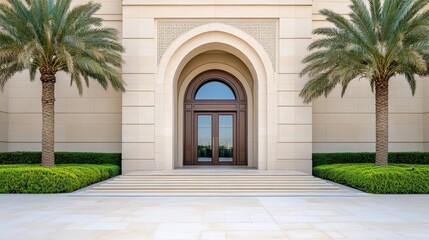 Fototapeta premium Luxury Arabian hotel entrance with intricate mosaics tall palm trees and arched doors combining modern elegance and cultural heritage 