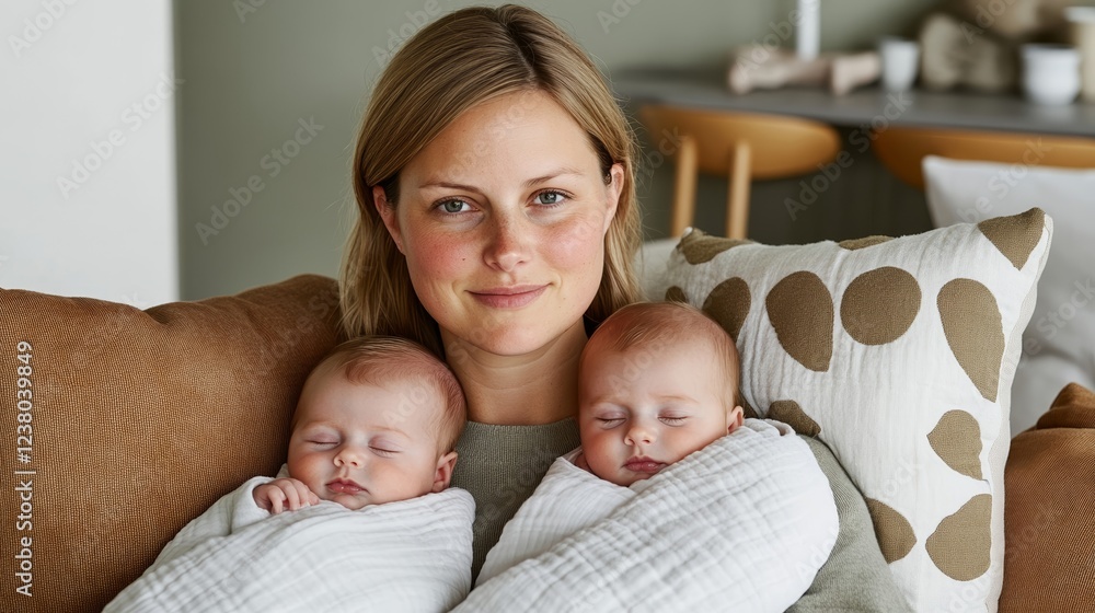 Poster mother resting on a plush sofa with newborn twins asleep on her lap surrounded by soft throw pillows