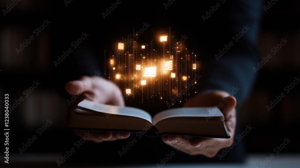 Fototapete futuristic reading ambiance silhouette reaching for floating book icons - innovative learning visual