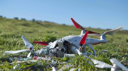 Crashed drone lying in grassy field with broken propellers and scattered debris under clear blue sky. Drone accident aftermath, technology failure, and aerial device damage concept.