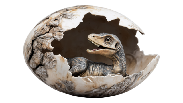 Dinosaur egg hatching, baby dinosaur emerging, vibrant scene on white backdrop, transparent background, engaging visual for educational content