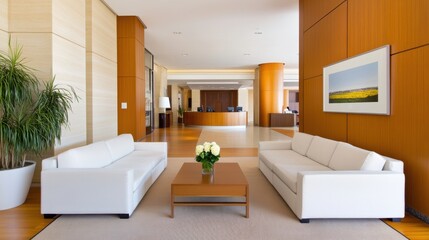 Fototapeta premium Modern and Elegant Hotel Lobby with White Sofas and Reception Area Featuring Bright Natural Light
