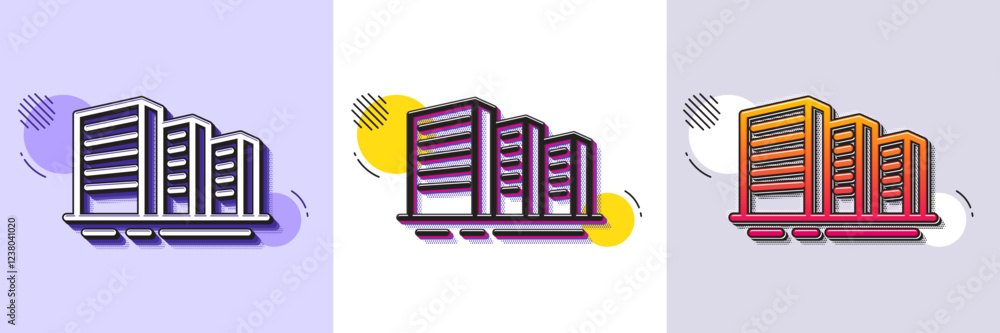 Poster buildings line icon. halftone dotted pattern. gradient icon with grain shadow. city architecture sig