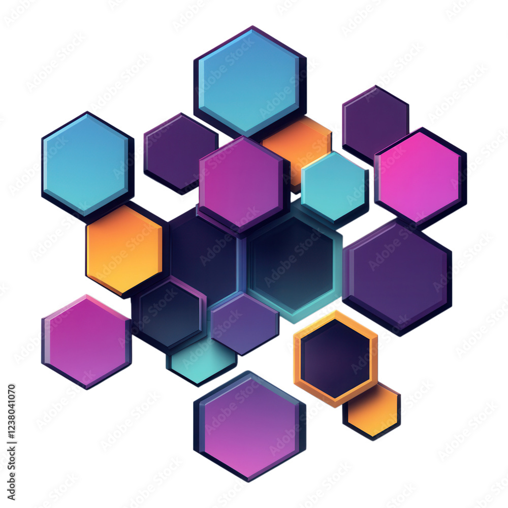 Poster vibrant hexagonal abstract design, features dynamic colors on a transparent background, ideal for di