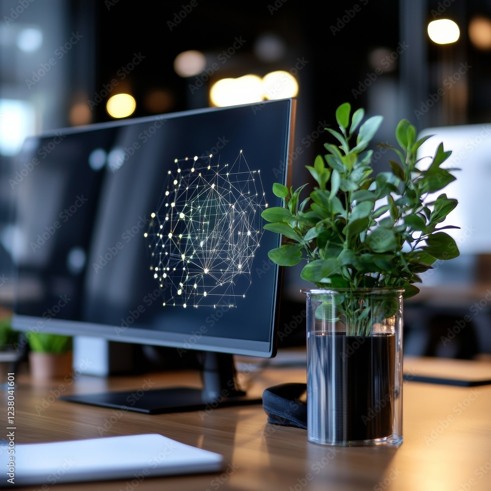 Poster Minimalist Workspace Security Projection Digital Interface Graph with Network Symbols on Monitor and Glass Planter - Tech Innovation and Hybrid Office Productivity