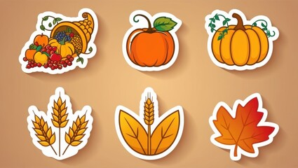 Thanksgiving Harvest Stickers Pumpkins Cornucopia Wheat Autumn Leaf
