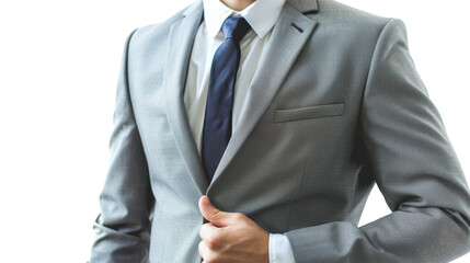 Businessman adjusting grey suit jacket with transparent background