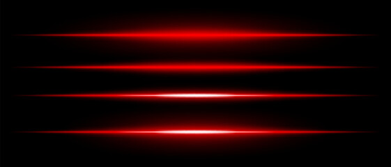 Realistic red laser beams with glowing effect on a black background. Futuristic energy streaks, sci-fi speed motion, neon cyber light.