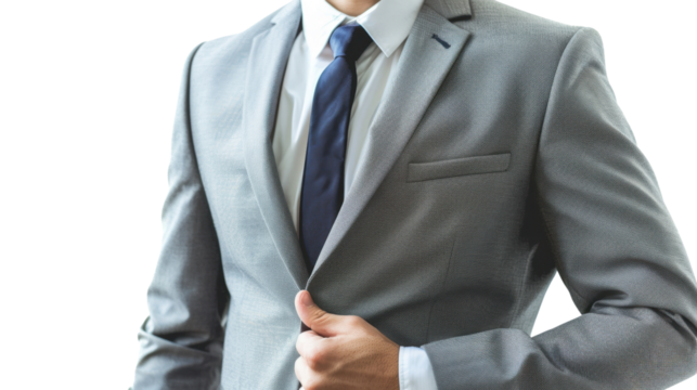 Businessman adjusting grey suit jacket with transparent background