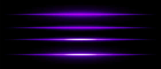 Realistic purple laser beams with glowing effect on a black background. Futuristic energy streaks, sci-fi speed motion, neon cyber light.