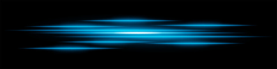Abstract light streaks background. Glowing blue horizontal lines with motion blur effect on a dark backdrop. Futuristic speed, energy flow, laser beams, and technology concept.
